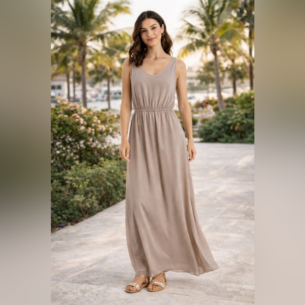 Show Me Your MuMu Taupe Maxi Dress Flowy Elastic Waist Vacation Wedding Summer S